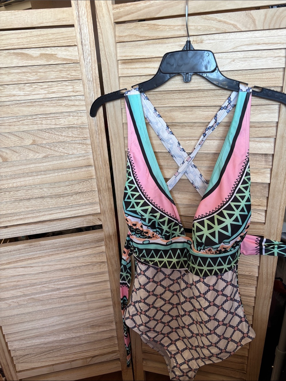 Colorful Geometric One-Piece Swimsuit - Pink, Mint & Black XL